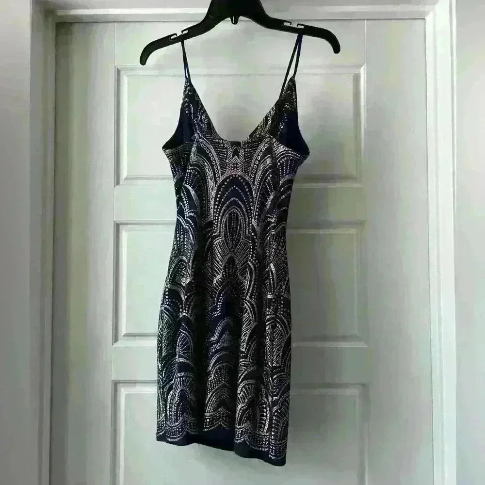Navy and Rose Gold fitted dress with cowl neckline in women’s size small - Picture 4 of 5